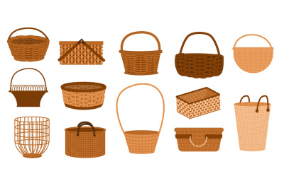 Wicker baskets. Handmade woven straw containers for grocery shopping,