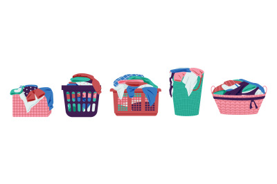 Laundry basket with clothes. Housewife wicker and woven basket with di