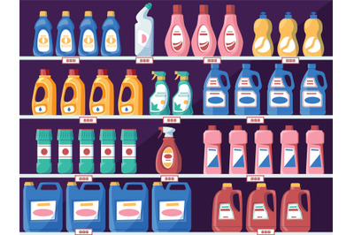 Shelves with detergent bottles. Grocery store shelves with liquid soap