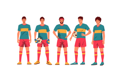 Soccer team players. Cartoon male characters in uniform standing toget