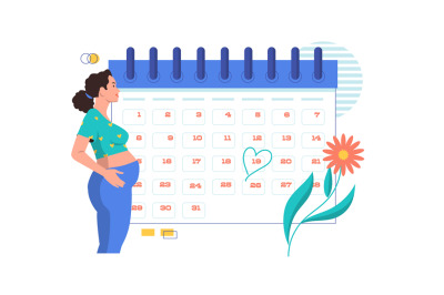 Pregnancy calendar. Monthly countdown with pregnant woman, cartoon gyn