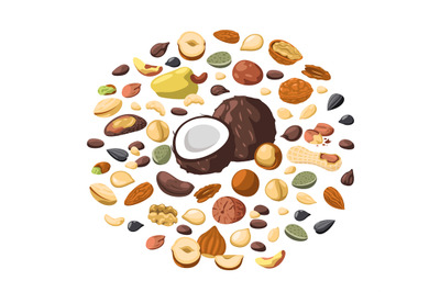 Nuts circle. Cartoon pack of dried nuts kernel, pistachio almond cashe