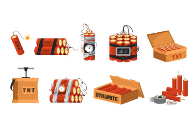 Cartoon dynamite. Military explosive with timer, detonator and fuse, d