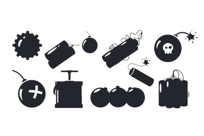 Bomb silhouette. Black explosive dynamite and grenade icons, military