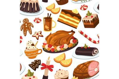 Christmas food pattern. Seamless print of traditional turkey and desse