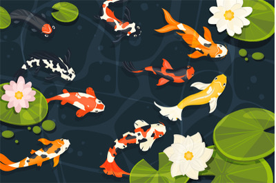 Pond with koi fish. Exotic decorative goldfish, cartoon chinese carp s