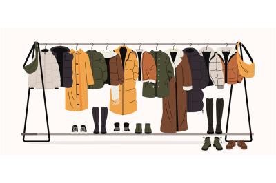 Winter clothes on racks. Men and women fashionable outfits for autumn