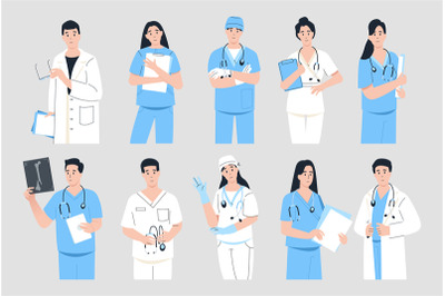 Doctor portraits. Cartoon medical practitioners in blue and white unif