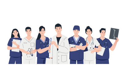 Doctors team. Cartoon characters in medical uniform&2C; doctor nurse dent