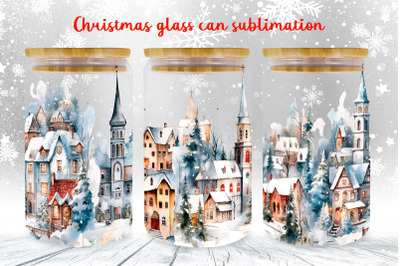 Christmas village glass can wrap design | Winter Landscape libbey can