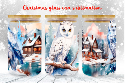 Owl glass can wrap design | Winter Landscape libbey can png