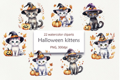 Watercolor Halloween Kittens. 22 Cliparts