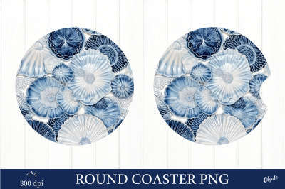 Blue and White Round Coaster PNG. Sea Shells Coaster