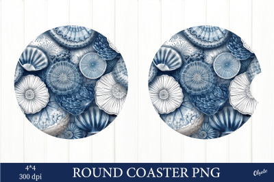Sea Shell Round Coaster PNG. Blue and White Coaster