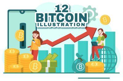 12 Bitcoin Cryptocurrency Coins Illustration