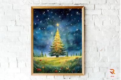 Christmas Tree In Grass Field Wall Art