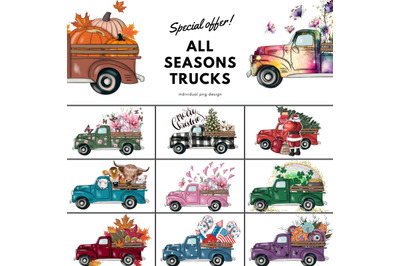 Seasonal Trucks Bundle Clipart: Fall, Christmas, Halloween, Spring, Su