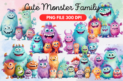 Cute Monster Family Watercolor Clipart Bundle