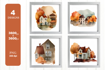 Autumn Clipart PNG. Watercolor Fall House, Nature Clipart PNG