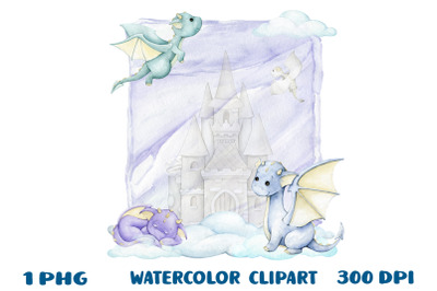 Cute dragons, watercolor clipart, invitation template, for a children&#039;