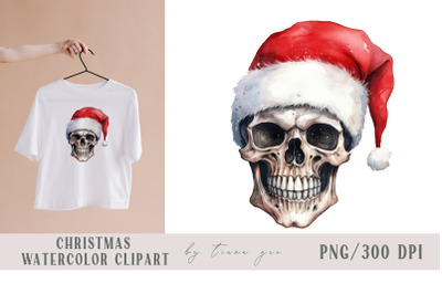 Watercolor Christmas skull with Santas red hat clipart- 1 png