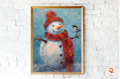 Painting Snowman With Red Scarf Wall Art