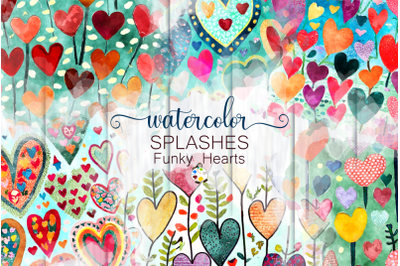 Funky Love Hearts - Watercolor Background Splashes