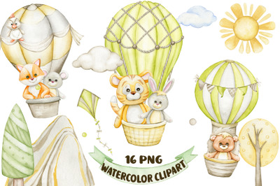 Woodland animals watercolor clipart, hot air balloon clip art, boho nu