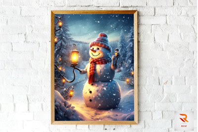 Snowman in Winter X-mas Landscape