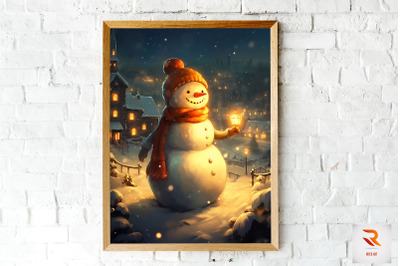 Snowman in Winter X-mas Landscape