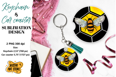 Bee Keychain sublimation. Bee Car coaster sublimation.