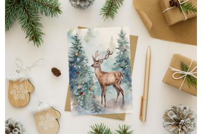 Watercolor Christmas Card. Deer and Christmas tree. Digital download 5