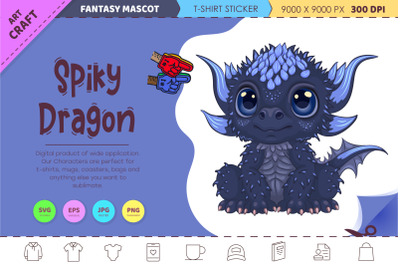 Cartoon spiky dragon. T-Shirt, PNG, SVG.