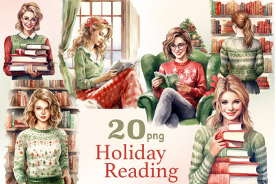 Holiday Reading Girls Clipart | Books Bundle PNG