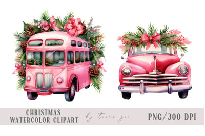 Watercolor Christmas bus and car clipart- 2 png