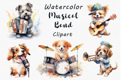Watercolor Dogs Playing Musical Instruments Clipart