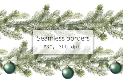 Christmas tree garland clipart. Seamless fir borders PNG