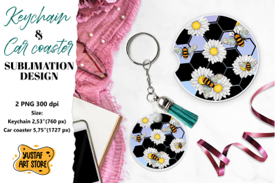 Bee Keychain sublimation. Bee Car coaster sublimation.