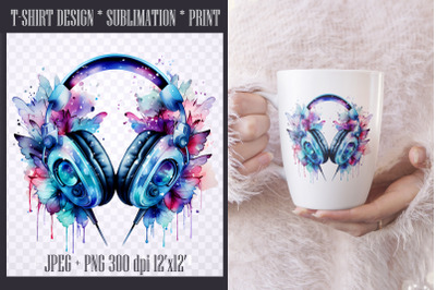 Headphones with flowerst Sublimation PNG/jpeg