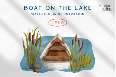 Watercolor Boat Illustration. Summer Lake Clipart PNG