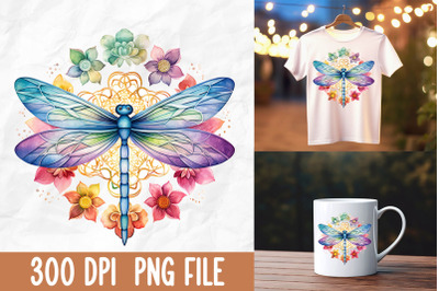 Retro Zen Lotus Flower Dragonfly Rainbow