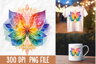 Retro Zen Lotus Flower Butterfly Rainbow