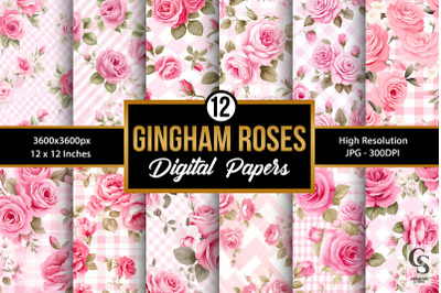 Pink Gingham Roses Pattern Digital Papers
