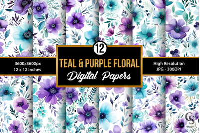 Teal &amp; Purple Watercolor Flowers Patterns