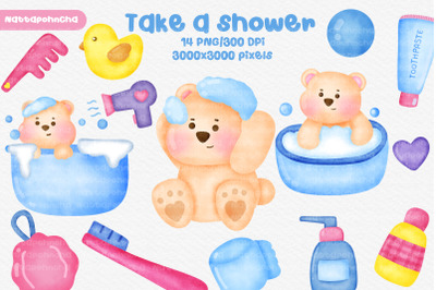 Cute Bear Takes a Shower. baby shower clipart.