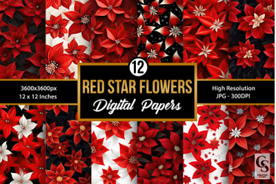 Red Star Flowers Pattern Digital Papers