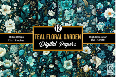 Teal Flowers Garden Digital Papers