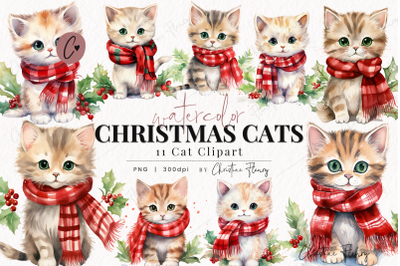 Watercolor Christmas Cats Clipart