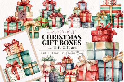 Watercolor Christmas Gift Boxes Clipart