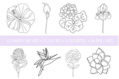 8 Flower Clip Art Illustrations in 7 Colors